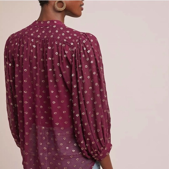 Moulinette Soeurs by Anthropologie Allegra Blouse Burgundy with Gold Foil - Picture 4 of 9